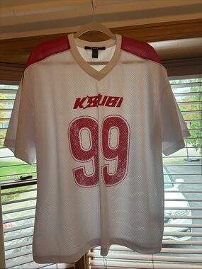 Ksubi White Jersey with Pink Shoulder Panels & '99 Graphic